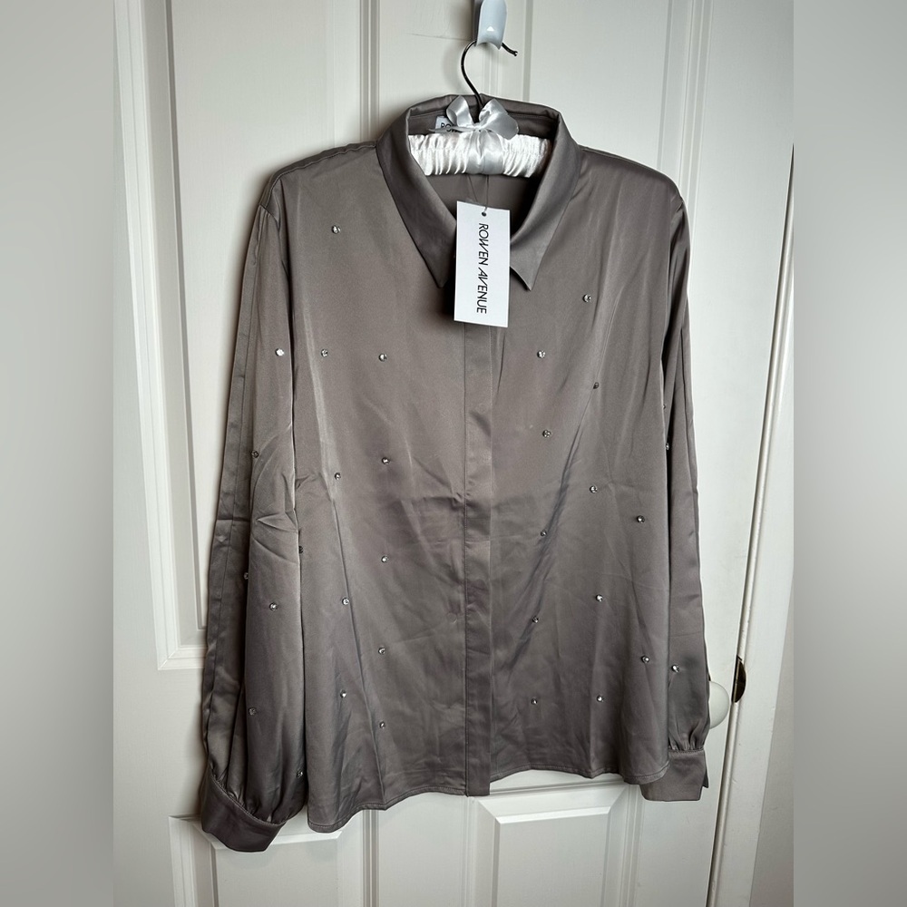 Rowen Avenue Taupe Embellished Blouse with stone